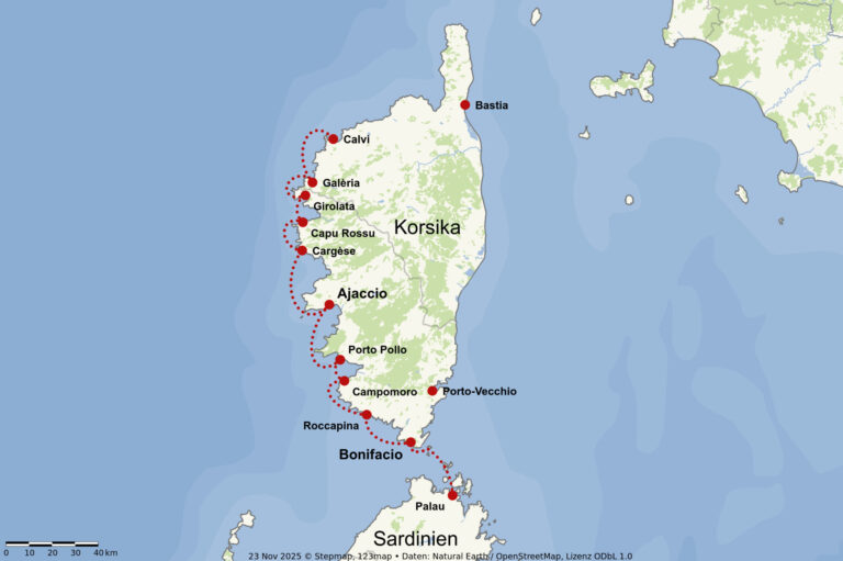 Route van de zeilvakantie Korsika westkust