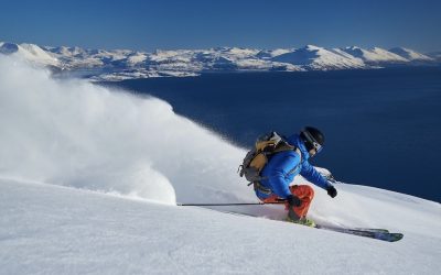 Skier spraying powder snow with the fjord and the snow covered mountains in the background.